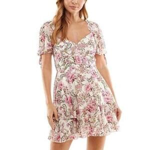 NWT City Studio Womens White Floral Print Tiered Ruffled Mini Dress Size M